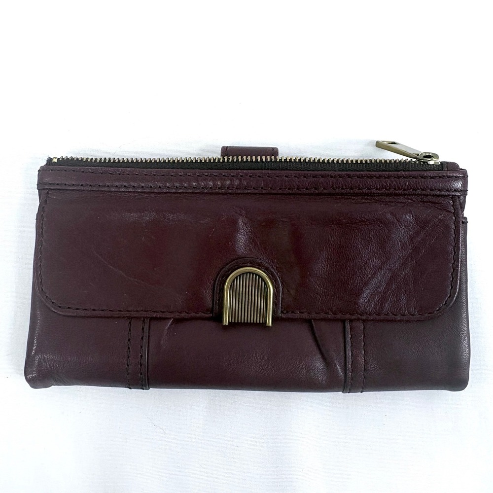 Fossil Cora Clutch Wallet Burgundy Wine Leather Art Deco Antique Brass Ornament